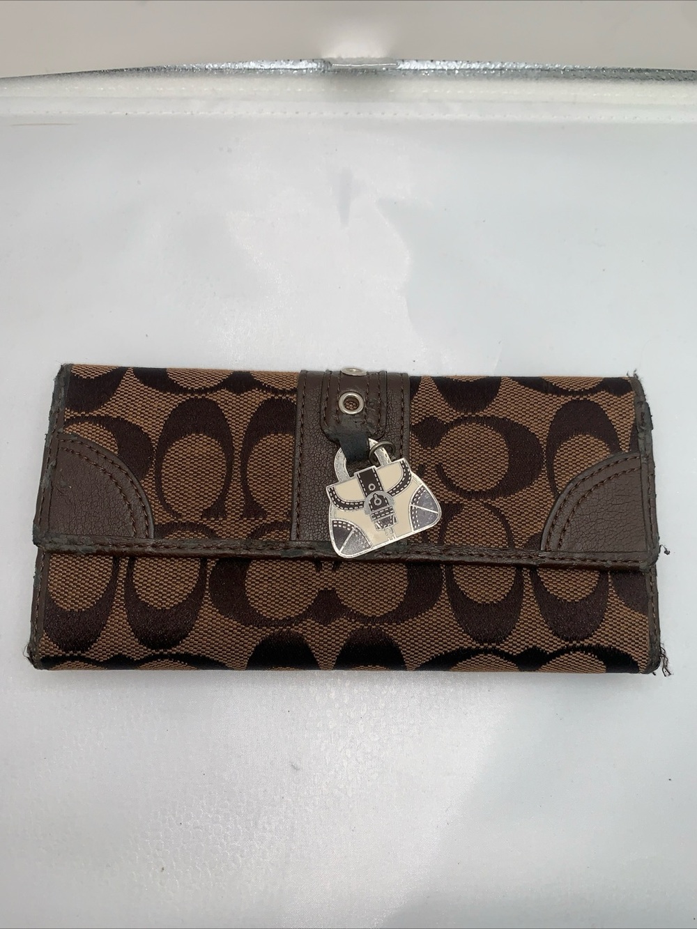 Coach Brown Signature Canvas Continental Wallet with Charm
